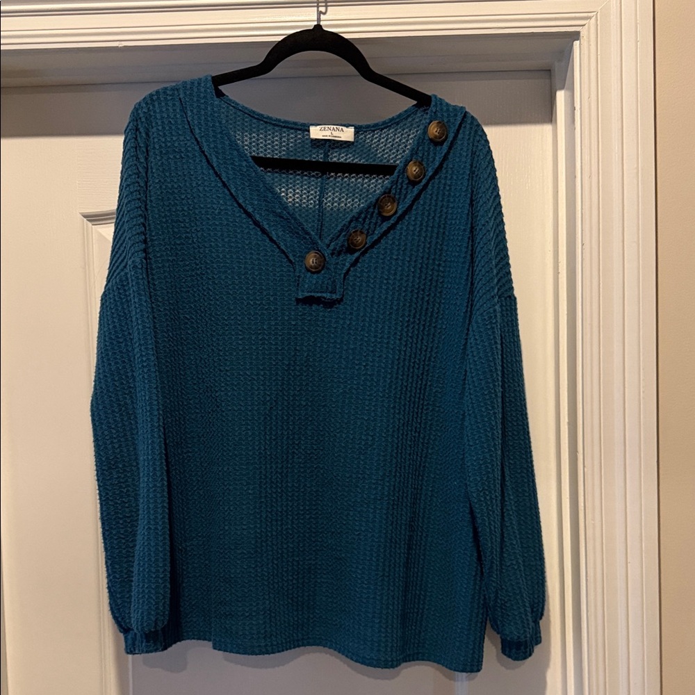 Zenana Outfitters Blue V-Neck Sweater with Button Details